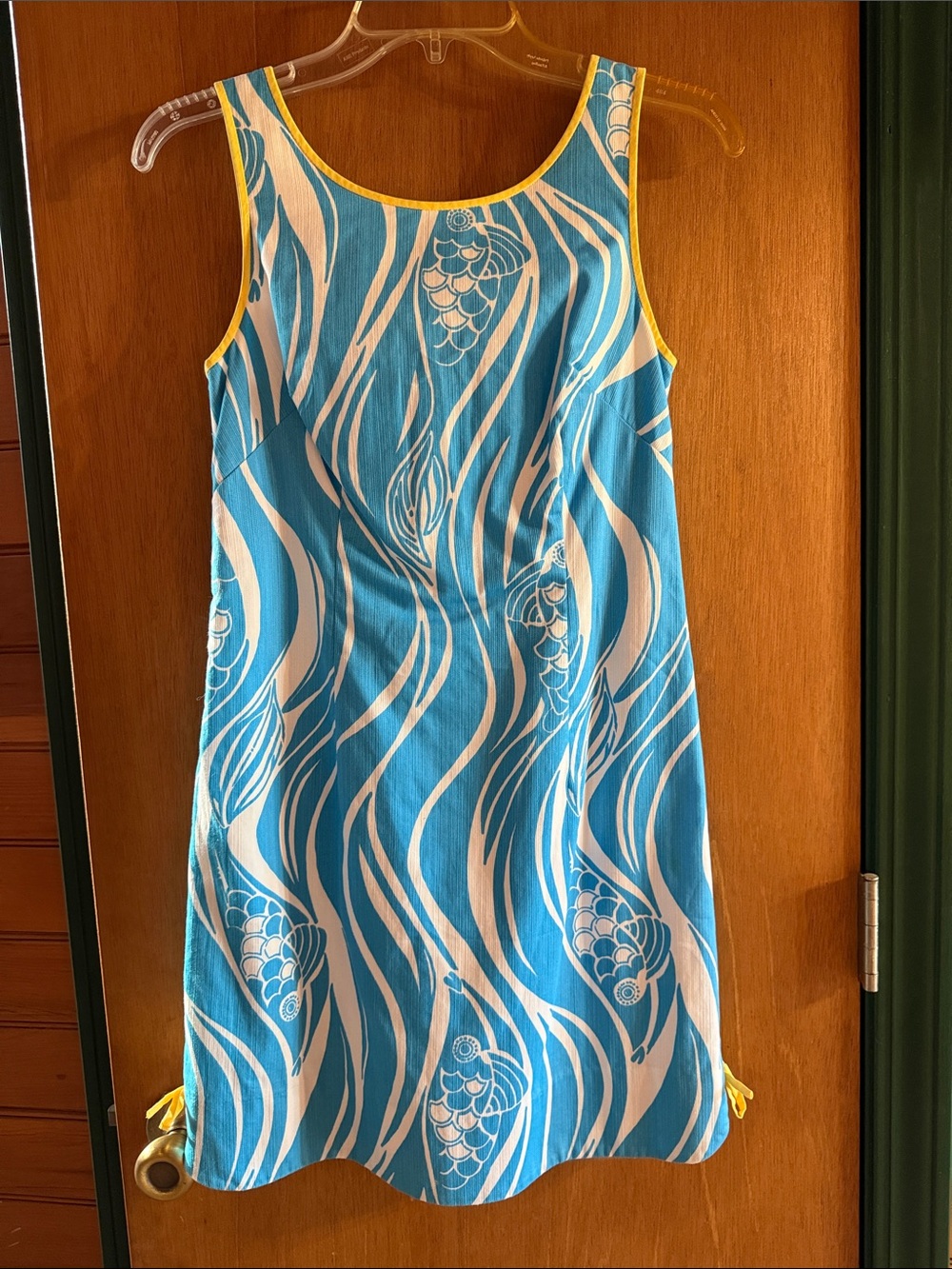 Lilly Pulitzer Blue & White Wave Print Sleeveless Sundress with Yellow Trim